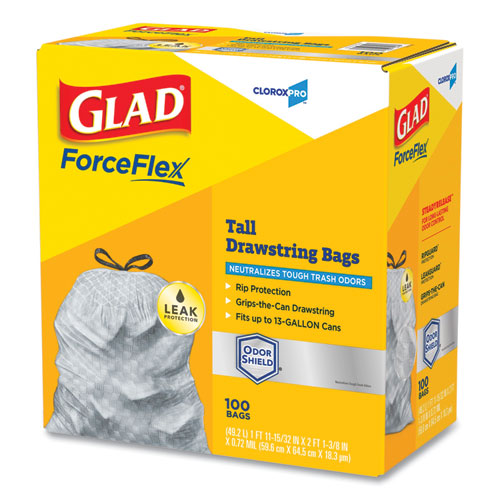 Image of ForceFlex Tall Kitchen Drawstring Trash Bags, 13 gal, 0.72 mil, 23.75" x 24.88", Gray, 100/Box