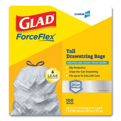 Image of ForceFlex Tall Kitchen Drawstring Trash Bags, 13 gal, 0.72 mil, 23.75" x 24.88", Gray, 100/Box