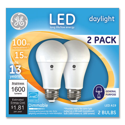 GE 100W LED Bulbs, A19, 15 W, Daylight, 2/Pack