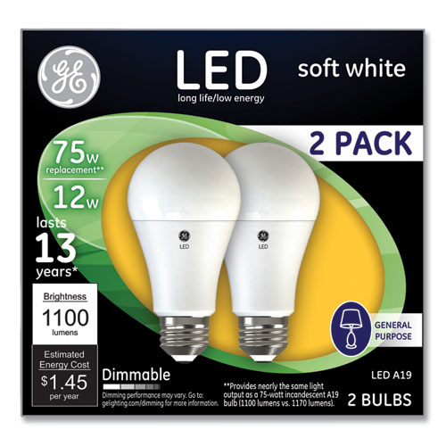 GE 75W LED Bulbs, A19, 12 W, Soft White, 2/Pack
