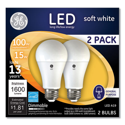 100W LED Bulbs A19 15 W Soft White 2 Pack Ge MPN 93127668