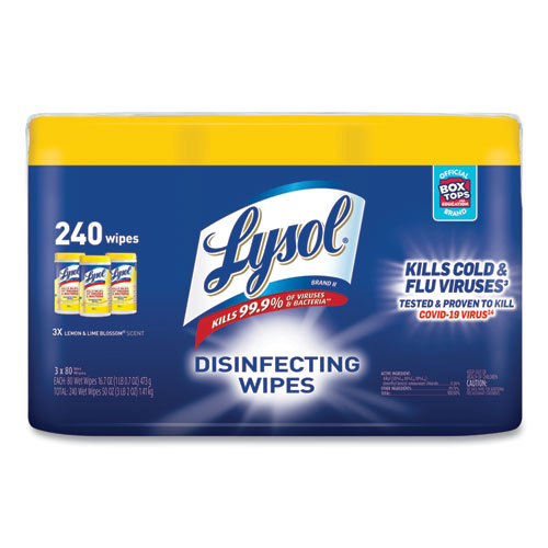Image of Disinfecting Wipes, 7 x 7.25, Lemon and Lime Blossom, 80 Wipes/Canister, 3 Canisters/Pack