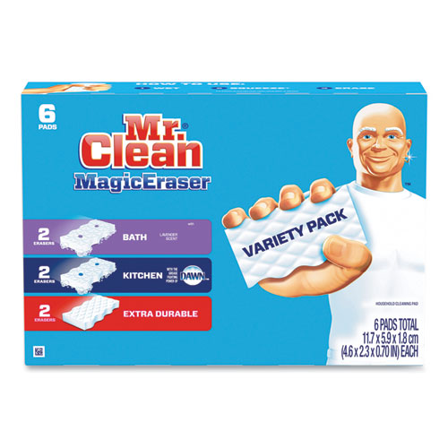 Mr. Clean® Magic Eraser Variety Pack, Extra Durable; Bath; Kitchen, 4.6 x 2.3, 0.7" Thick, White, 6/Pack, 8 Packs/Carton