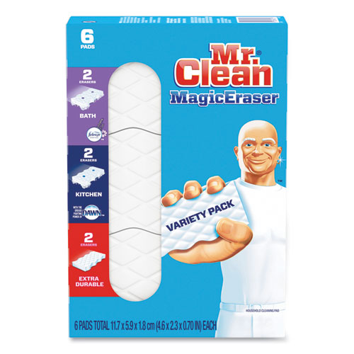 Image of Mr. Clean® Magic Eraser Variety Pack, Extra Durable; Bath; Kitchen, 4.6 X 2.3, 0.7" Thick, White, 6/Pack, 8 Packs/Carton