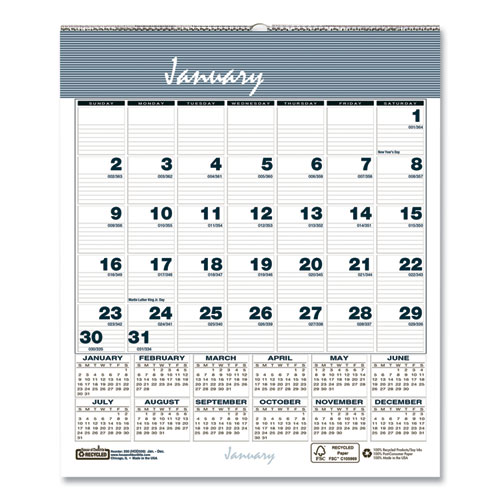 Bar Harbor Recycled Wirebound Monthly Wall Calendar, 6 x 7, White/Blue/Gray Sheets, 12-Month (Jan-Dec): 2023