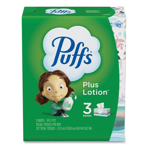 Puffs® Plus Lotion Facial Tissue, 2-Ply, White, 124/Box, 3 Box/Pack, 8 Packs/Carton