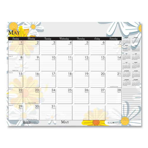 Recycled Desk Pad Calendar, Wild Flowers Artwork, 18.5 x 13, White Sheets, Black Binding/Corners,12-Month (Jan-Dec): 2024