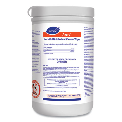 Diversey™ Avert Sporicidal Disinfectant Cleaner Wipes, 6 x 7, Chlorine Scent, 160/Canister, 12/Carton