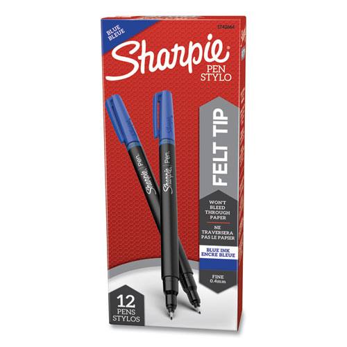 Water-Resistant Ink Porous Point Pen, Stick, Fine 0.4 mm, Blue Ink, Black/Gray/Blue Barrel, Dozen