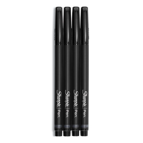 Water-Resistant Ink Porous Point Pen, Stick, Fine 0.4 mm, Black Ink, Black Barrel, 4/Pack