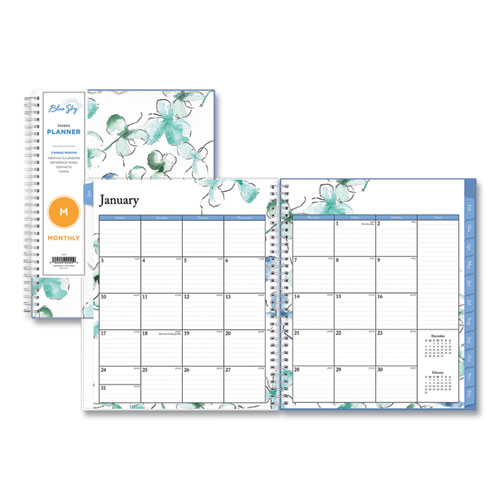 Blue Sky® Lindley Monthly Planner, Lindley Floral Artwork, 10 X 8, White/Blue/Green Cover, 12-Month (Jan To Dec): 2024