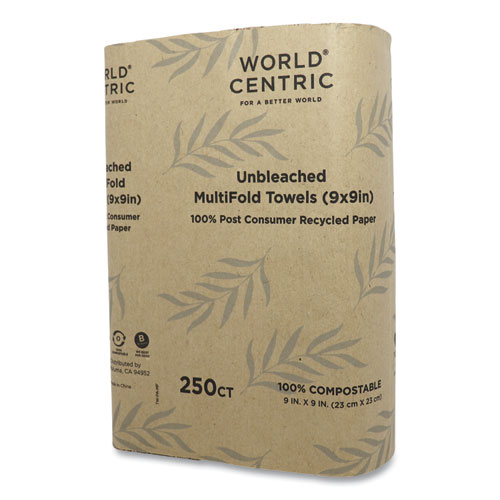 Image of World Centric® 100 Percent Pcw Recycled Paper Towels, 1-Ply, 9 X 9, Natural, 250/Pack, 16 Packs/Carton
