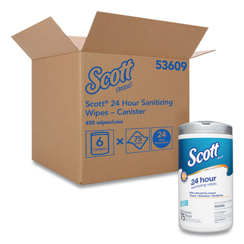 Scott® 24-Hour Sanitizing Wipes, 1-Ply, 4.5 x 8.25, Fresh, White, 75/Canister, 6 Canisters/Carton