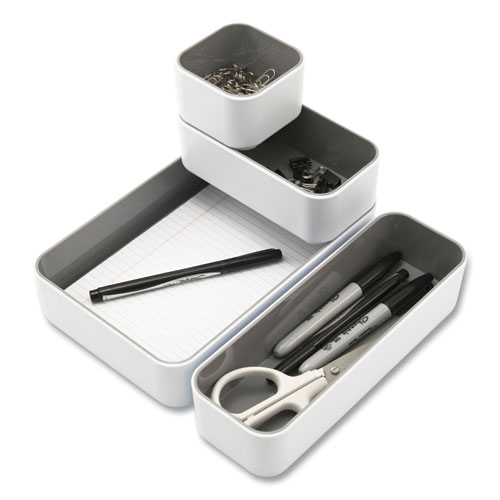 Image of Fusion Stacking Bins, 4 Compartments, Plastic, 12.1 x 9.1 x 2.2, White/Gray, 4 Pieces