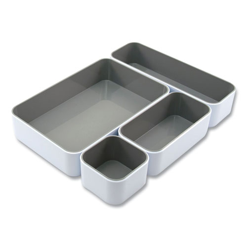 Fusion Stacking Bins, 4 Compartments, Plastic, 12.1 x 9.1 x 2.2, White/Gray, 4 Pieces