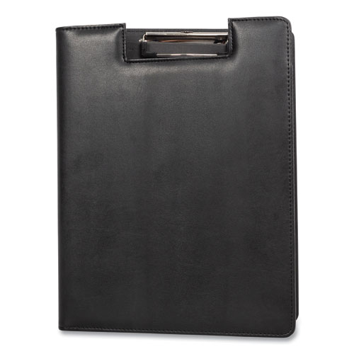 Faux-Leather Padfolio, Notched Front Cover with Clipboard Fastener, 9 x 12 Pad, 9.75 x 12.5, Black