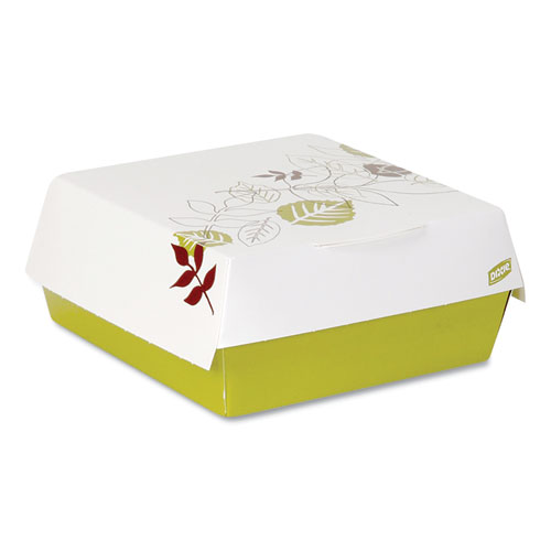 Paperboard Clamshell Sandwich Box, Pathways Theme, 5.5 x 5.5 x 1.38, White/Green/Maroon, 200/Carton