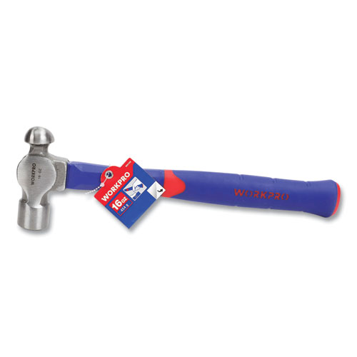 Ball Pein Hammer, 16 oz, 10" Blue/Red Rubberized Fiberglass Handle