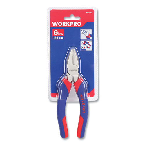Workpro® Linesman Pliers, 6" Long, Ni-Fe-Coated Drop-Forged Carbon Steel, Blue/Red Soft-Grip Handle