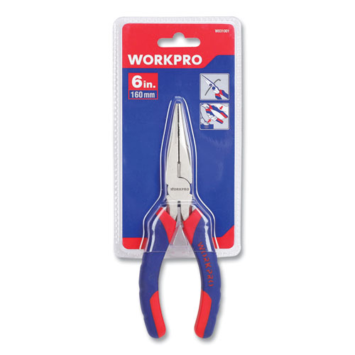 Long Nose Pliers, 6" Long, Ni-Fe-Coated Drop-Forged Carbon Steel, Blue/Red Soft-Grip Handle