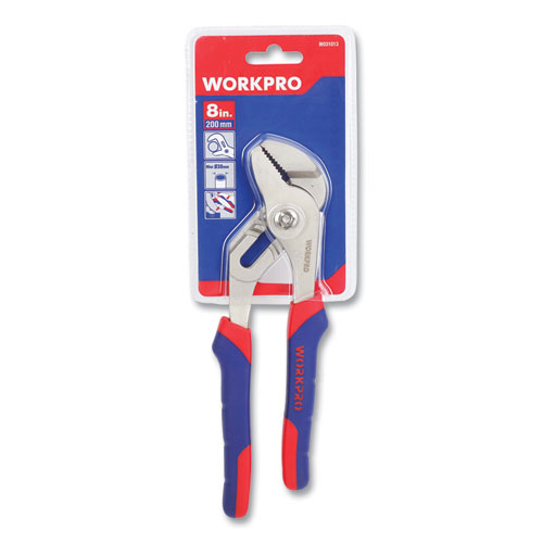 Groove Joint Pliers, 8" Long, Ni-Fe-Coated Drop-Forged Carbon Steel, Blue/Red Soft-Grip Handle