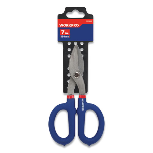 Tin Snip Pliers, 7" Long, Drop-Forged Steel, Blue/Red Soft-Grip Handle