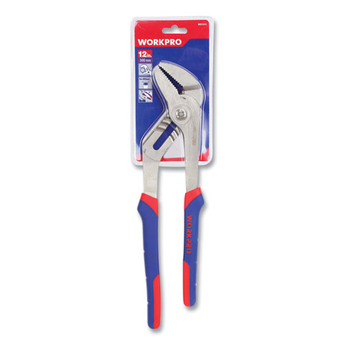Groove Joint Pliers, 12" Long, Ni-Fe-Coated Drop-Forged Carbon Steel, Blue/Red Soft-Grip Handle