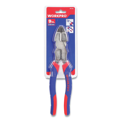 Linesman Pliers, 9" Long, Ni-Fe-Coated Drop-Forged Carbon Steel, Blue/Red Soft-Grip Handle