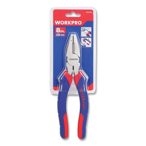 Linesman Pliers, 8" Long, Ni-Fe-Coated Drop-Forged Carbon Steel, Blue/Red Soft-Grip Handle