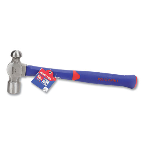 Ball Pein Hammer, 24 oz, 12" Blue/Red Rubberized Fiberglass Handle