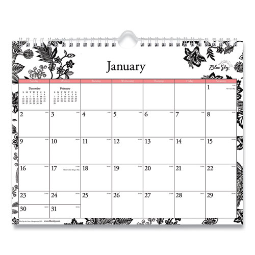 Blue Sky® Analeis Wall Calendar, Analeis Floral Artwork, 11 X 8.75, White/Black/Coral Sheets, 12-Month (Jan To Dec): 2024