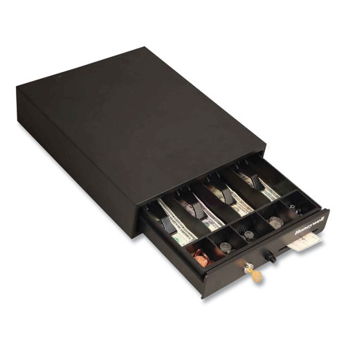 Honeywell Space-Saving Steel Cash Drawer, 4 Bill, 5 Coin Slots, Key Lock, 17 x 13 x 4, Black