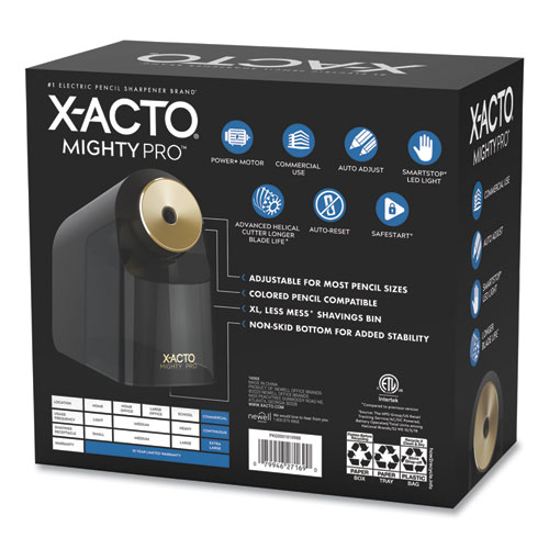 Image of X-Acto® Model 1606 Mighty Pro Electric Pencil Sharpener, Ac-Powered, 4 X 8 X 7.5, Black/Gold/Smoke