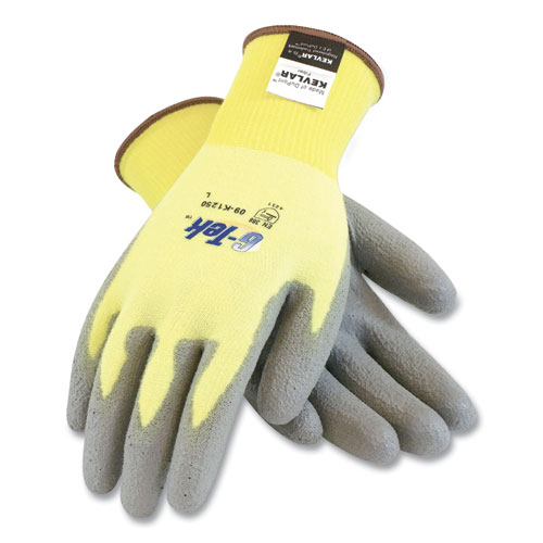 Image of G-Tek KEV Cut-Resistant Seamless-Knit Gloves, Medium (Size 8), Yellow/Gray, 12 Pairs