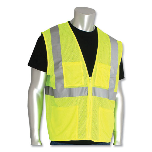 Image of Pip Ansi Class 2 Four Pocket Zipper Safety Vest, Polyester Mesh, 5X-Large, Hi-Viz Lime Yellow