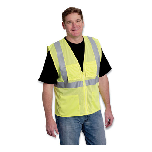 Image of Pip Ansi Class 2 Four Pocket Zipper Safety Vest, Polyester Mesh, 5X-Large, Hi-Viz Lime Yellow