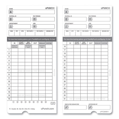 Time Clock Cards for uPunch HN4000, Two Sides, 7.37 x 3.37, 50/Pack
