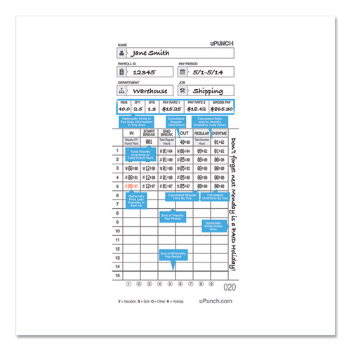 Time Clock Cards for uPunch HN4000, Two Sides, 7.37 x 3.37, 50/Pack