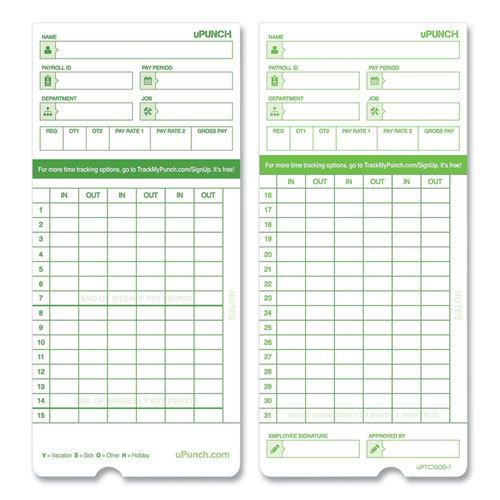 Image of Upunch™ Time Clock Cards For Upunch Hn3000, Two Sides, 7.37 X 3.37, 50/Pack