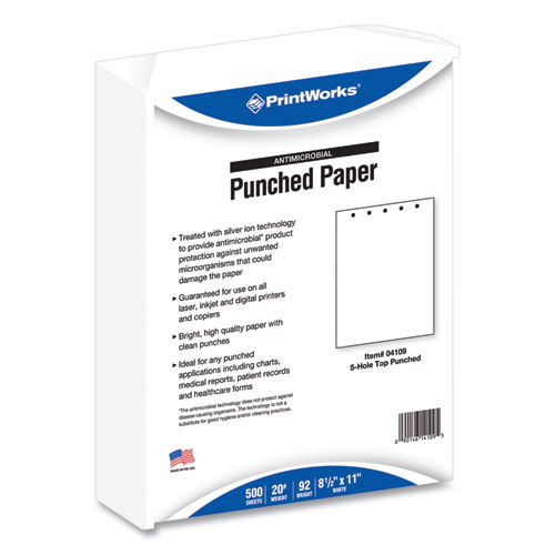 Image of Punched Paper, Silver-Ion-Treated, 92 Bright, 5-Hole Punched, 20lb Bond Weight, 8.5 x 11, White, 500/Ream, 5 Reams/Carton
