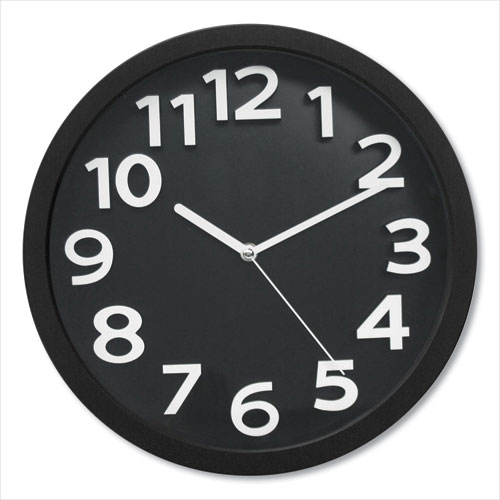 Wall Clock with Raised Numerals and Silent Sweep Dial, 13" Overall Diameter, Black Case, Black Face, 1 AA (sold separately)