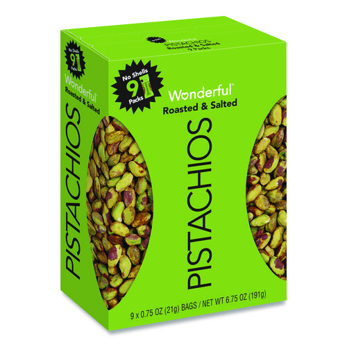 Wonderful No Shells Pistachios, Roasted and Salted, 0.75 oz Bag, 9 Bags/Box, 4 Boxes/Carton