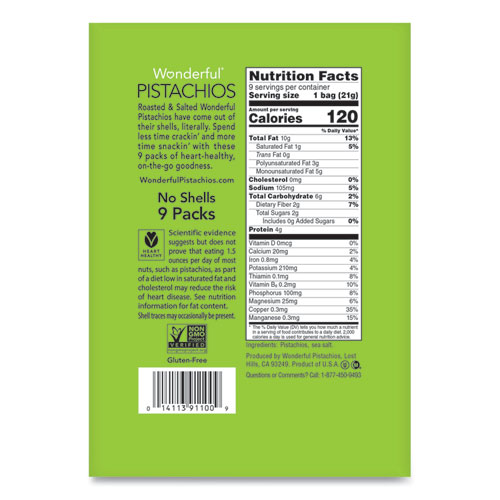 Image of Wonderful No Shells Pistachios, Roasted and Salted, 0.75 oz Bag, 9 Bags/Box, 4 Boxes/Carton