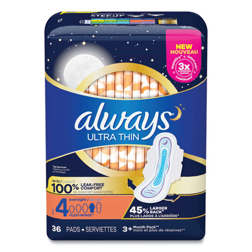 Ultra Thin Overnight Pads with Wings, 36/Pack, 6 Packs/Carton