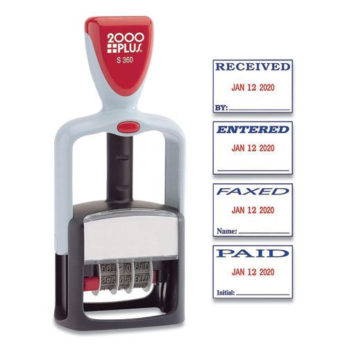 Image of Model S 360 Self-Inking Two-Color Message Dater, 5 Years, ENTERED/FAXED/PAID/RECEIVED, 1.81" x 1.25", Blue/Red Ink