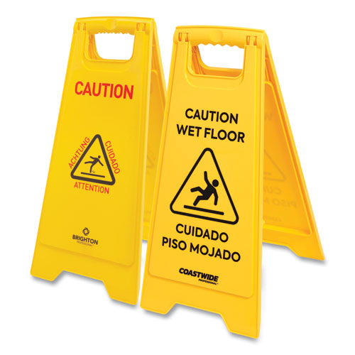 Multilingual Caution Floor Sign, Yellow, 12 x 1.2 x 25