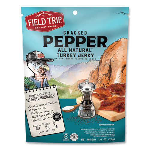 Field Trip® Turkey Jerky, Cracked Pepper Turkey, 2.2 oz Bag, 12 Bags/Carton