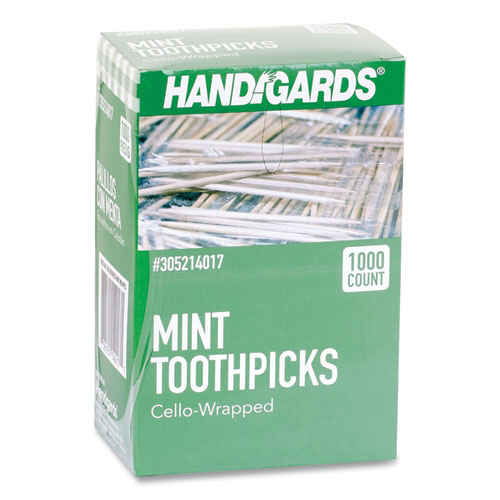 Image of Handgards® Individually Wrapped Round Wood Mint Toothpicks, 4", Natural, 1,000/Box, 12 Boxes/Carton
