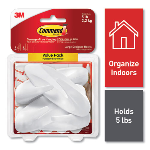 Command™ General Purpose Hooks, Large, 5 lb Capacity, White, 4 Hooks and 6 Strips/Pack