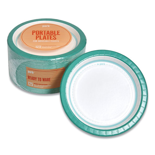 Perk™ Everyday Paper Plates, 8.5" Dia, White/Teal, 125/Pack